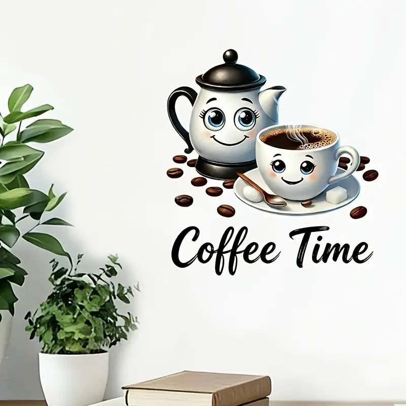 Coffee Time Wall Sticker, Wall Decal, Smiley Coffee Cup Holiday Decoration, Perfect for Tea Room, Study, Kitchen, Restaurant, Living Room, Office, Bar, Cafe, Home Decor, Decorative Stickers