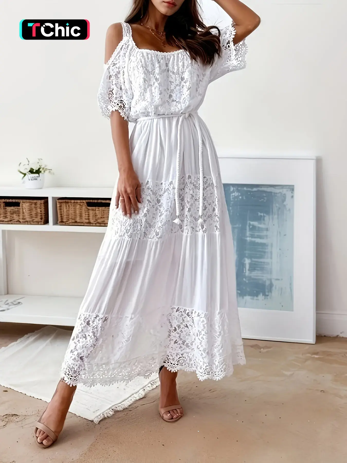 1 Cold Shoulder Lace Maxi Dress Women | Tiered Flowy Summer Sundress with Belt | Casual Boho Elegant Boho Coastal Beach Vacation Bridal Shower Wear | Cottagecore Romantic Brunch Outfit