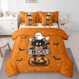 Black Cat 7 Pcs Bedding Set,Halloween Theme Bed in a Bag,Ghost Pumpkin Bed Set,Includes Comforter,Sheet Set,Pillowcases & Pillow Covers