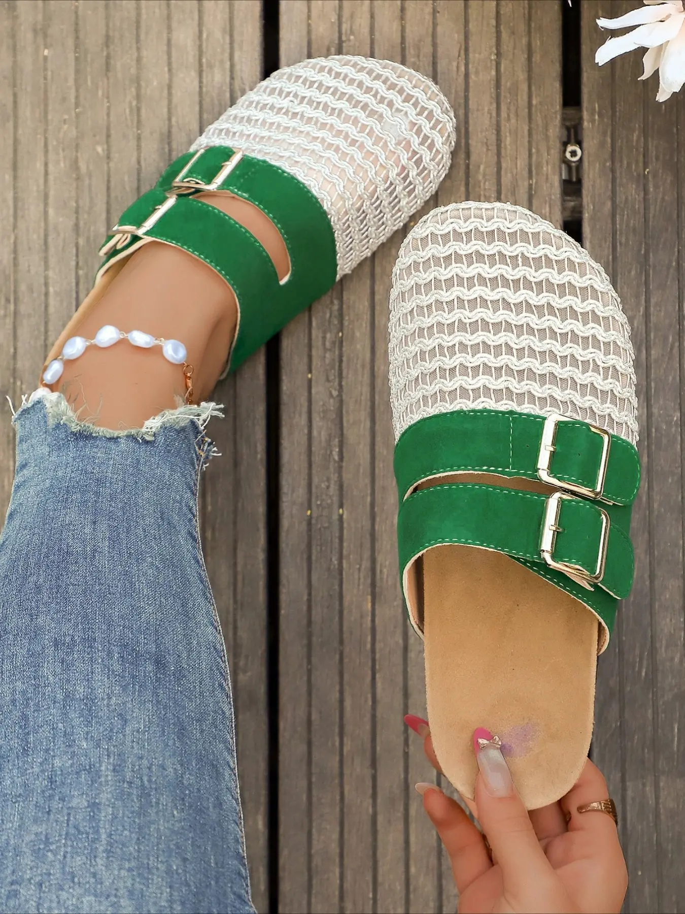 Retro color-blocked mesh headband half-slippers with double buckles, casual leisure sandals. 2026 cross-border bestseller for women’s shoes Indoor Barefoot Slippers, Flat Slippers, House Slippers