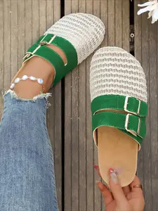 Retro color-blocked mesh headband half-slippers with double buckles, casual leisure sandals. 2026 cross-border bestseller for women’s shoes.