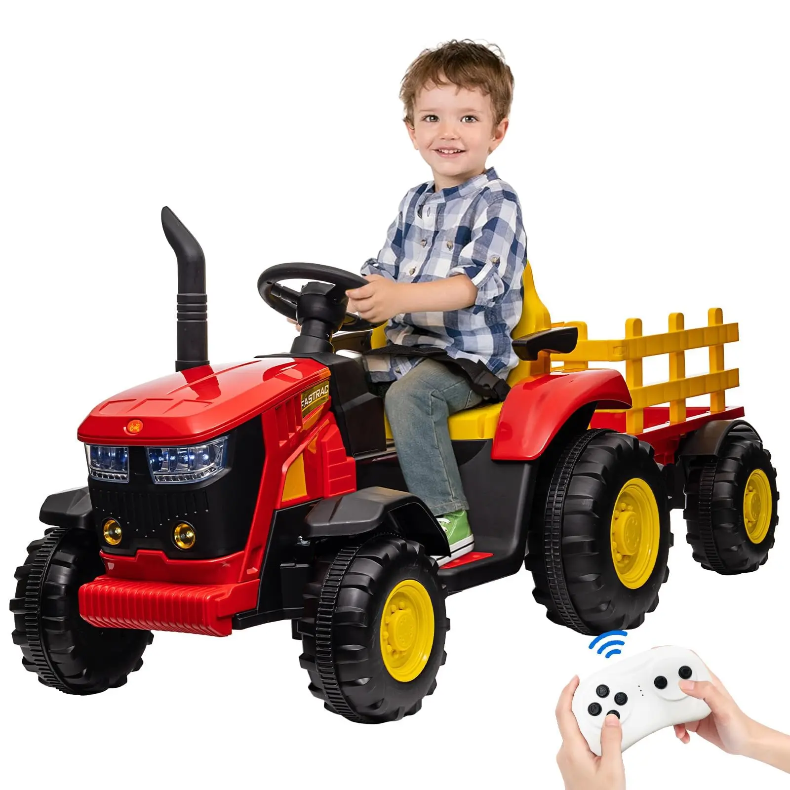 GARVEE 12V Rechargeable Remote-Controlled Kids Ride-On Tractor Truck Trike - 35W Dual Motors, Detachable Trailer, Bluetooth Audio, 3-Gear Shift, Safety Belt, 7 LED Lights, Red Outdoor Ride-On Toy