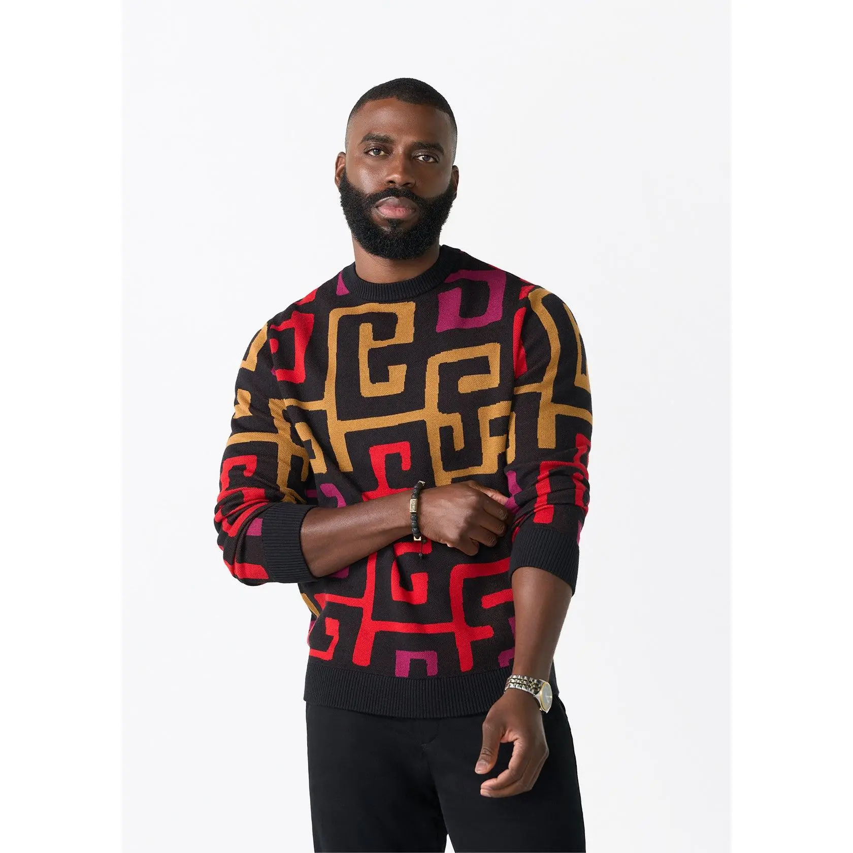 Asaye Men's African Print Crew Neck Sweater (Black Berry Kuba)