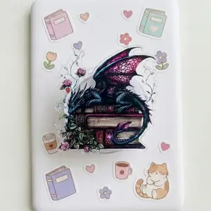 Dragon Sleeping on Books Phone Grip – Fantasy Bookish Accessory, Dark Floral Aesthetic Holder, Unique Gift for Book Lovers & Dragon Fans.