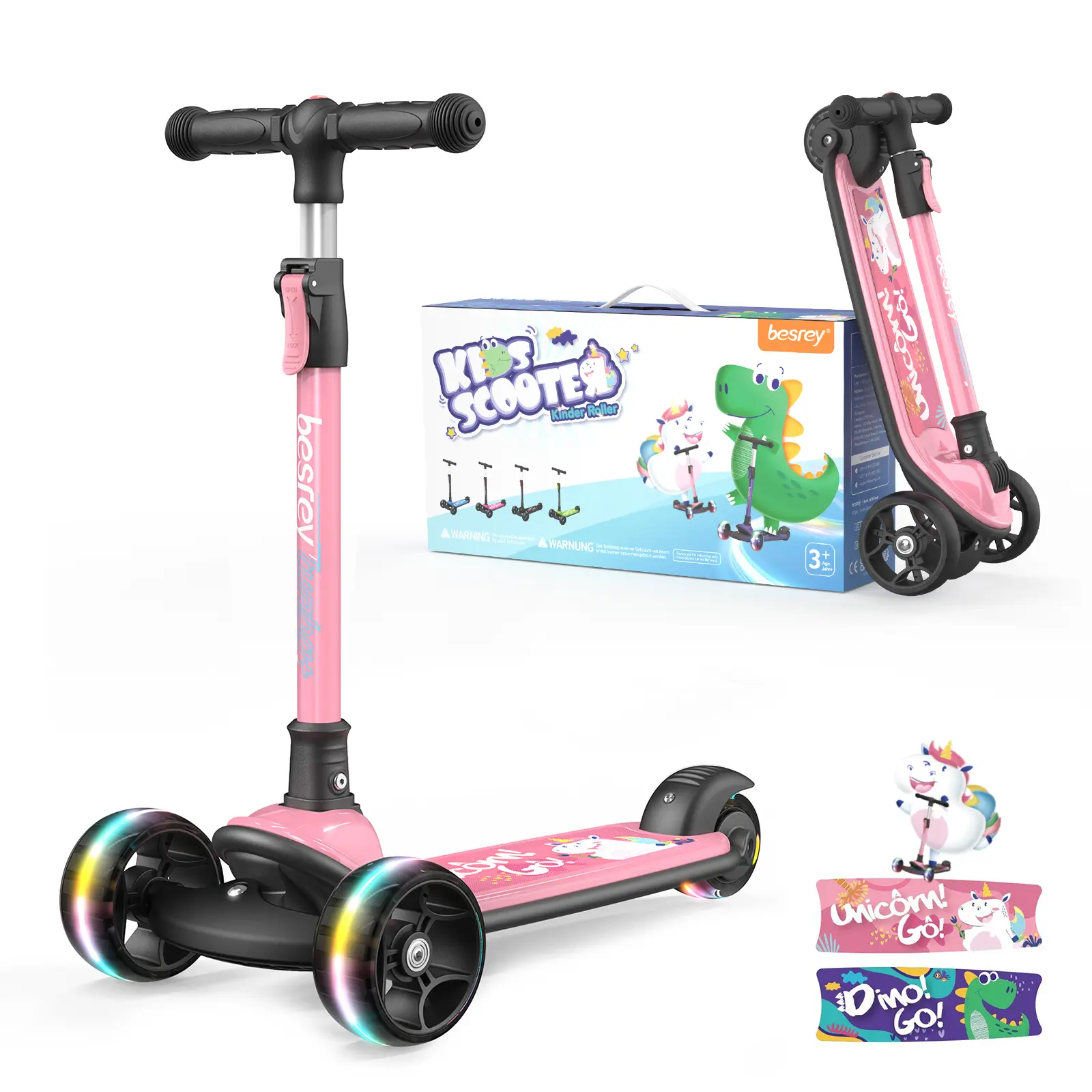Besrey Kids Scooter Foldable & Adjustable (3-15Old) LED Glow Wheels +Handlebars | Aircraft-Grade Aluminum Frame Indoor/Outdoor Safe Ride scooter