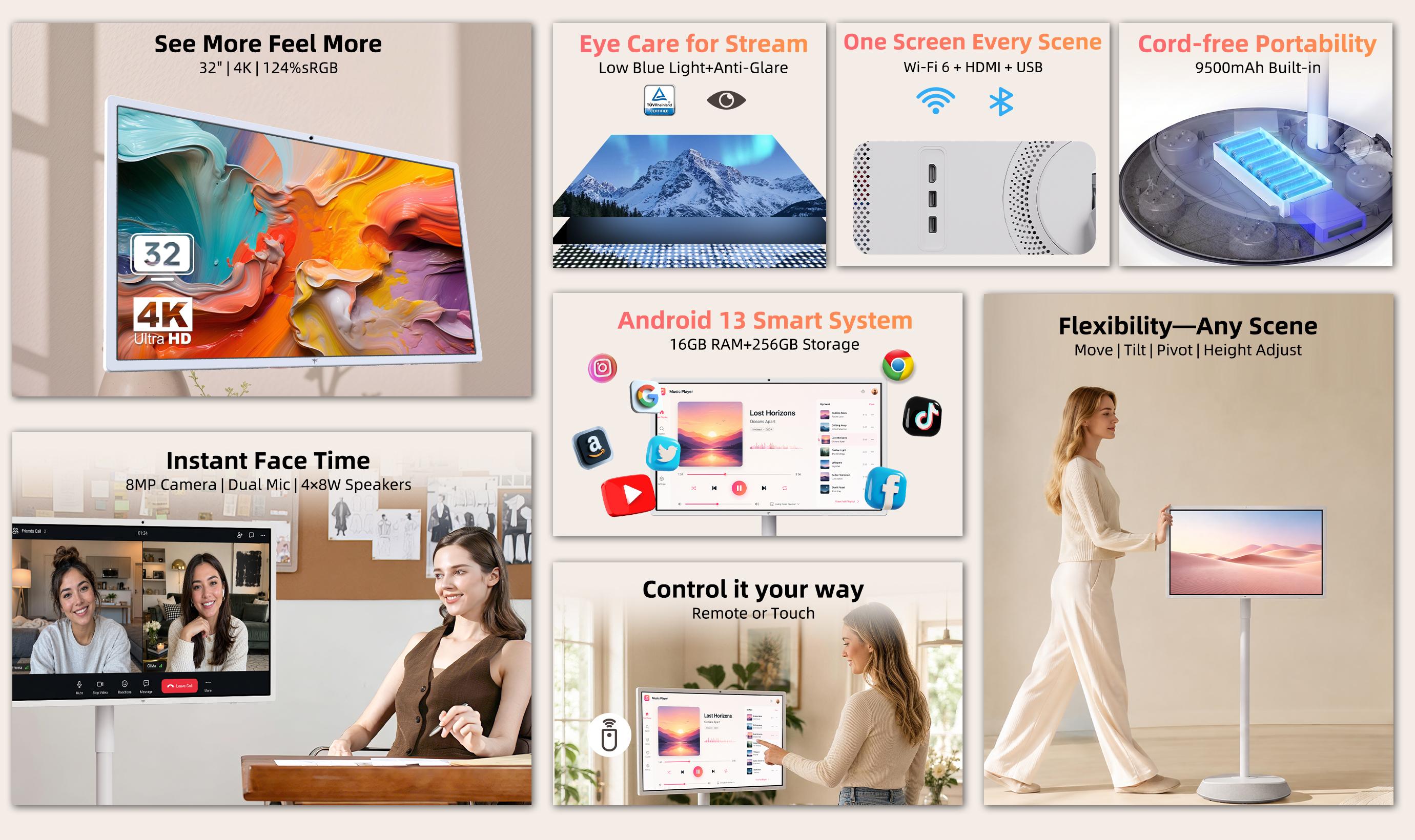 KTC MEGAPAD 32" 4K UHD Smart Portable TV, 16+256GB Android 13, Google EDLA Smart Touch Monitor with 9500mAh Battery, Built-in Camera + Dual 6W Speakers