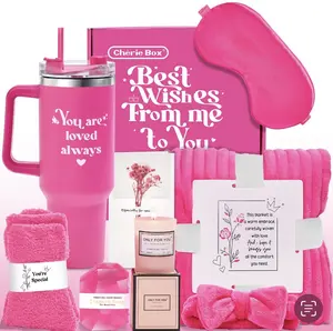 Cherie Box Gift Set for Women - Pink Tumbler, Eye Mask, Blanket, Socks, Candle & Card - Best Wishes & Special Occasions - Cozy & Stylish Gift