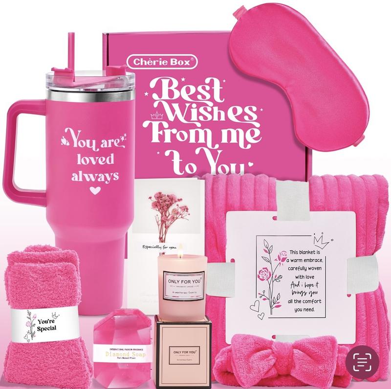 Cherie Box Gift Set for Women - Pink Tumbler, Eye Mask, Blanket, Socks, Candle & Card - Best Wishes & Special Occasions - Cozy & Stylish Gift