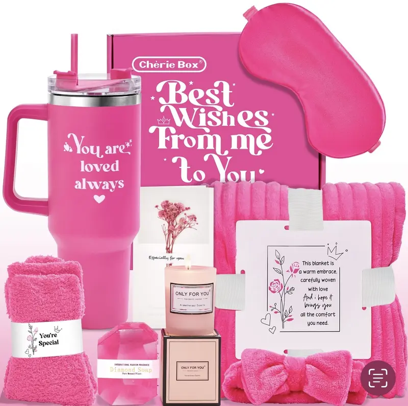 Cherie Box Gift Set for Women - Pink Tumbler, Eye Mask, Blanket, Socks, Candle & Card - Best Wishes & Special Occasions - Cozy & Stylish Gift