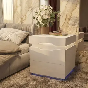 RGB LED Nightstand With  Lighting Charging Station Bedside Table With Plug Outlets 2 USB Ports 2 Storage Drawers Pull Out Top Space White MDF Modern End Side Table For Bedroom Home Decor