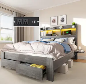 Full Size Bed Frame with 2-Tier Storage Headboard, LED Lights, Charging Station, 2 Drawers, 800lbs Capacity, Wood & Metal Platform, Noise-Free, No Box Spring Needed, Barn Door Design