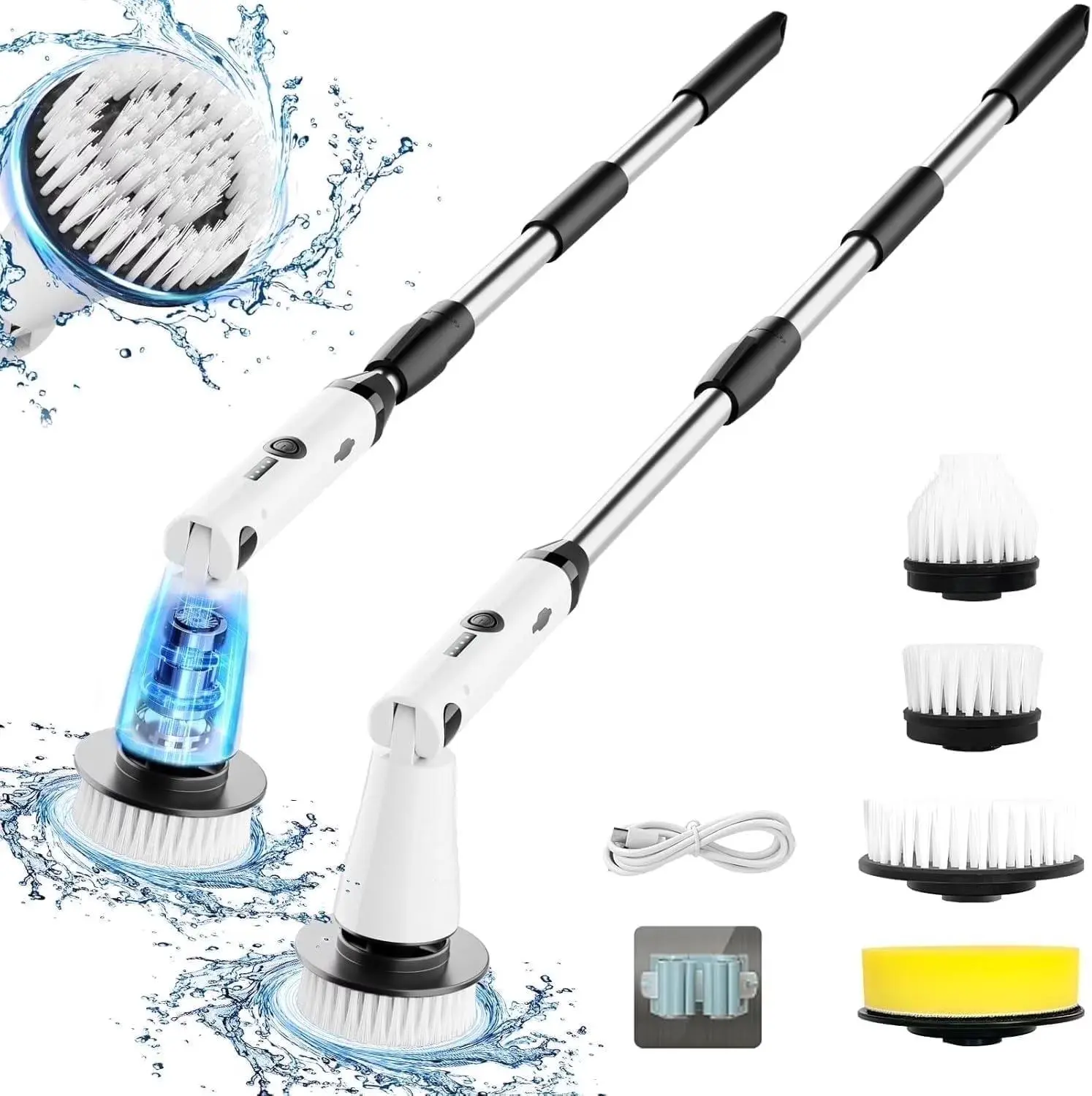 Kibhous Electric Spin Scrubber, Household Electric Cleaning Tool with 3 Replaceable Brush Heads, Adjustable Extension Arm