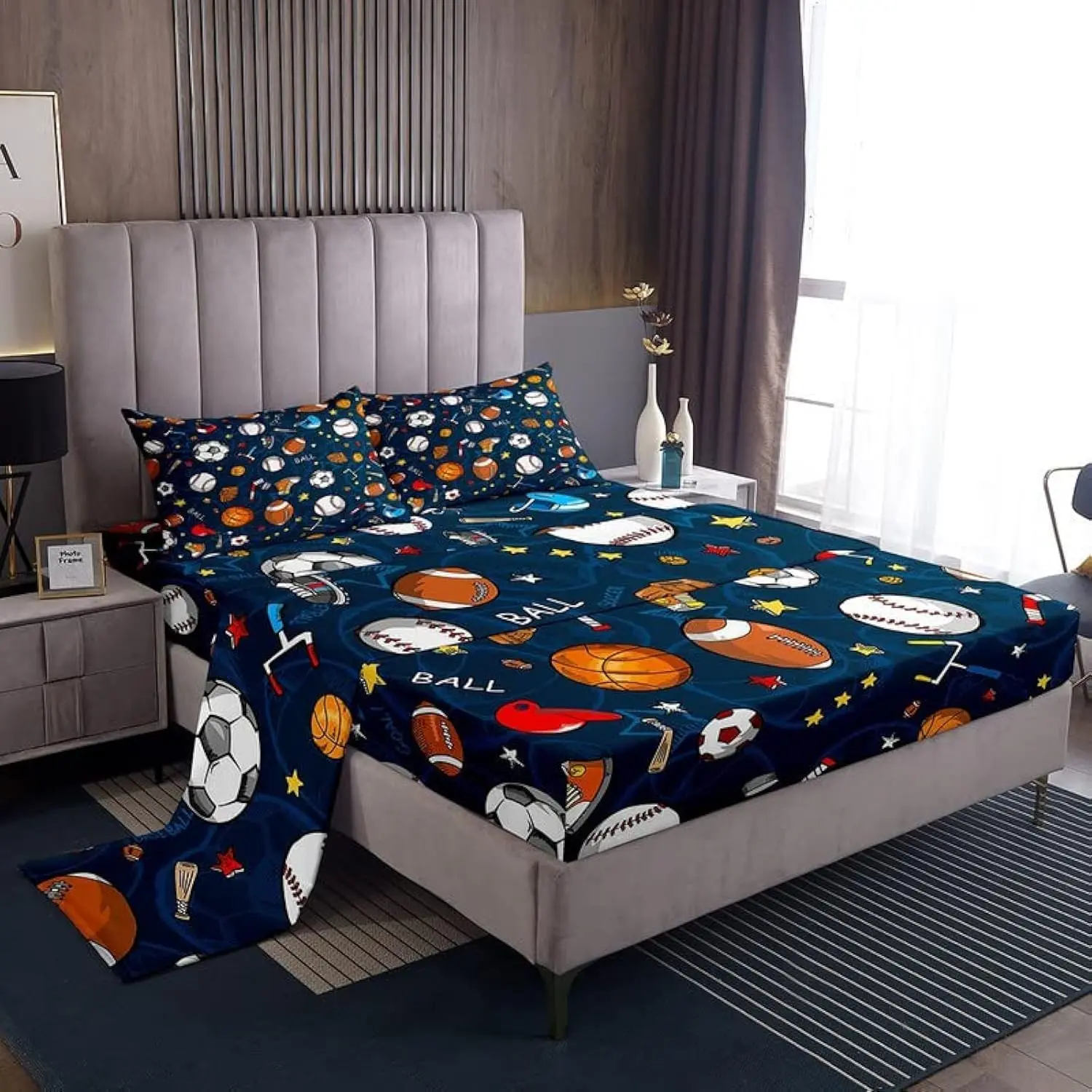 Feelyou Sports Theme Luxury Bedding Set - 3D Blue Baseball & Football Print Bedsheets Set, Easy-Care, Breathable, Durable Fabric, Deep Pockets, Machine Washable, Multi-Size (Incl. King) Collections, Decorative Bedding Set