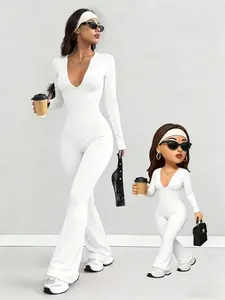 1-Piece Women's Y2K Streetwear Jumpsuit, White Deep V-Neck Long Sleeve Flare Leg Bodysuit for Daily Street Fashion and Casual Wear