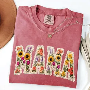Comfort Colors Mama Patchwork Flower Printed T-shirt, Faux Sunflower Tee, Retro Floral Mama T-shirt, Mother's Day, Cottagecore Mom