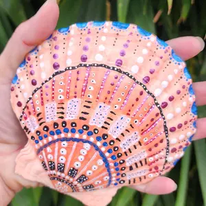Hand painted shell - coral and blue coastal beachy gift or decor