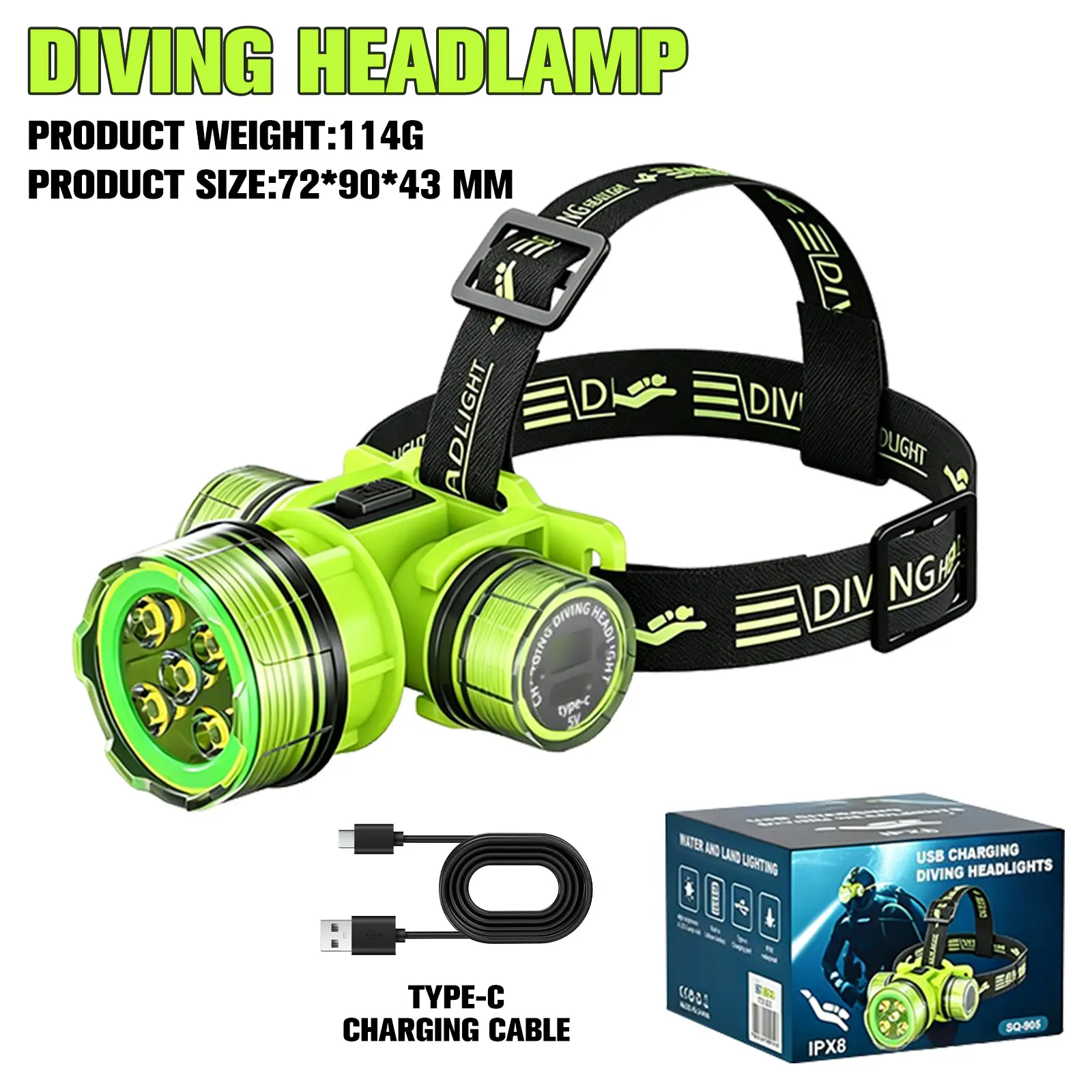 Rechargeable Diving LED Headlamp, Waterproof Underwater Head Flashlight with 2 Light Modes, Hands-Free Bright Forehead Head Light for Scuba Diving, Snorkeling, Swimming, Hiking & Outdoor Adventures, Scuba Diving Equipment, Diving Lights