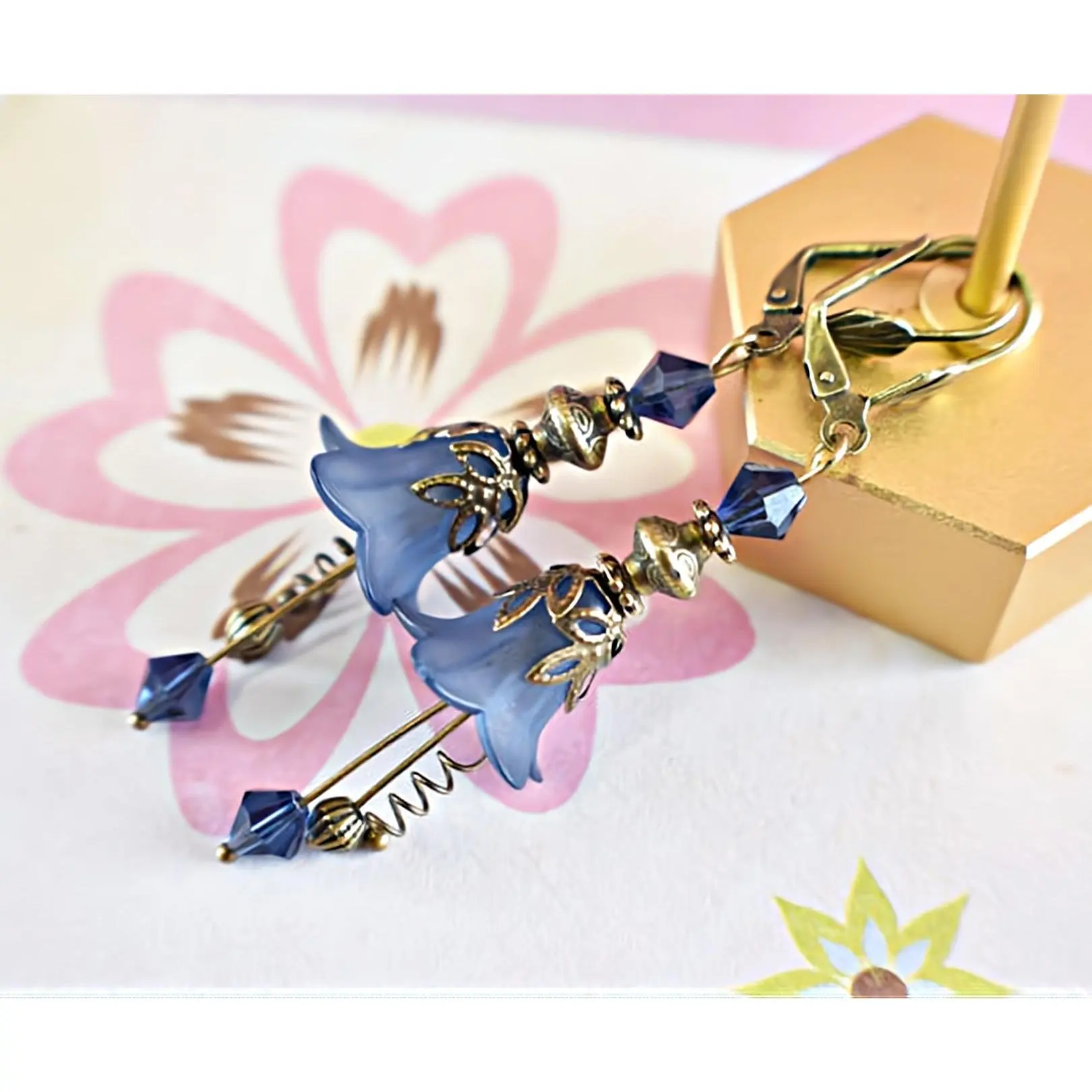 Chic Brico Vintage Victorian Style Navy Blue and Antique Bronze Bell Flower Lucite Earrings
