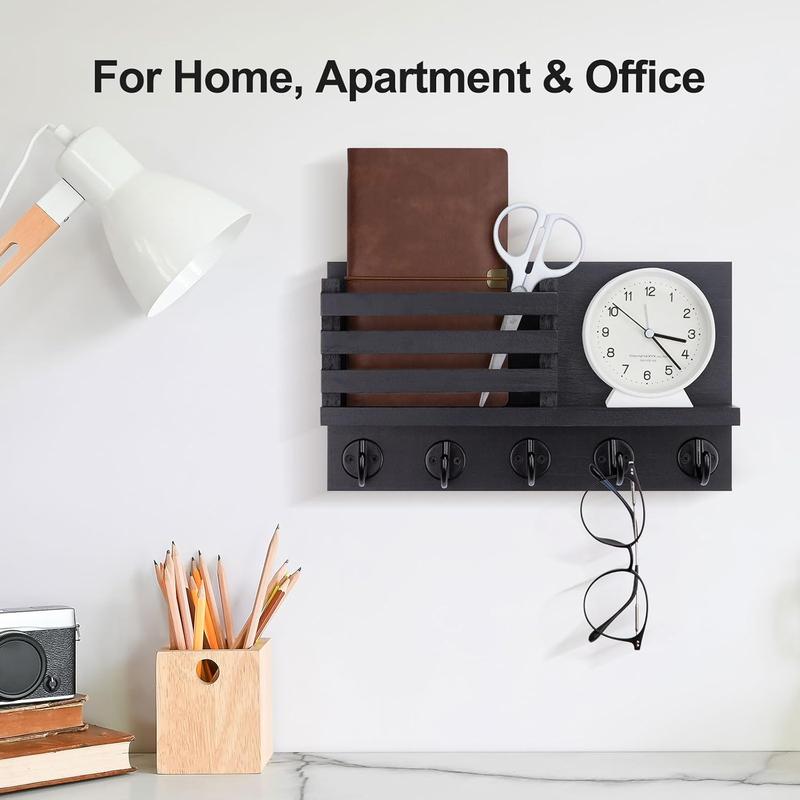 Wooden Wall Mounted Key Rack with 5 Metal Hooks, Decorative Mail Holder, Includes Installation Hardware, Ideal for Coats, Umbrellas, Bags, Storage Hooks