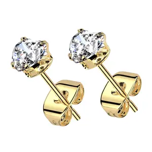 Gold PVD Prong Heart Clear CZ Stainless Steel Stud Earrings