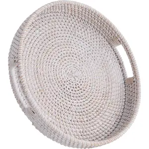 Round Rattan Serving Tray,Hand-Woven Tray with Handles, Ottoman Decorative Coffee Table Tray,Wicker Storage Basket for Tea,Fruit,Bread (Whitewash, 13.5")