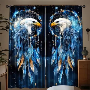 2 pieces high-definition digital, Majestic Eagle Dreamcatcher printed curtains, semi-transparent polyester material, machine washable, suitable for bedroom, living room and home curtain decoration