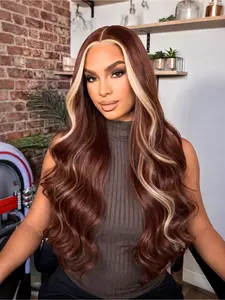 Reddish Brown Body Wave Lace Front Wig with Blonde Money Piece 28" Heat-Resistant Synthetic Hair 13x4 HD Lace Pre-Plucked Hairline Free Parting for Women Party & Daily Wear Loose Body Wigs
