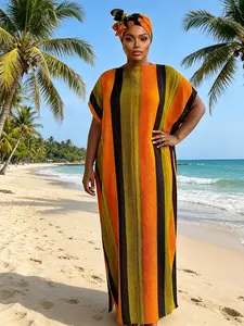 Plus Size African Pleated Abaya Set, Striped/leopard Print Island Caftan with Matching Headwrap, Dashiki Boubou for Women, Elegant Traditional Wear, African Kaftan Set