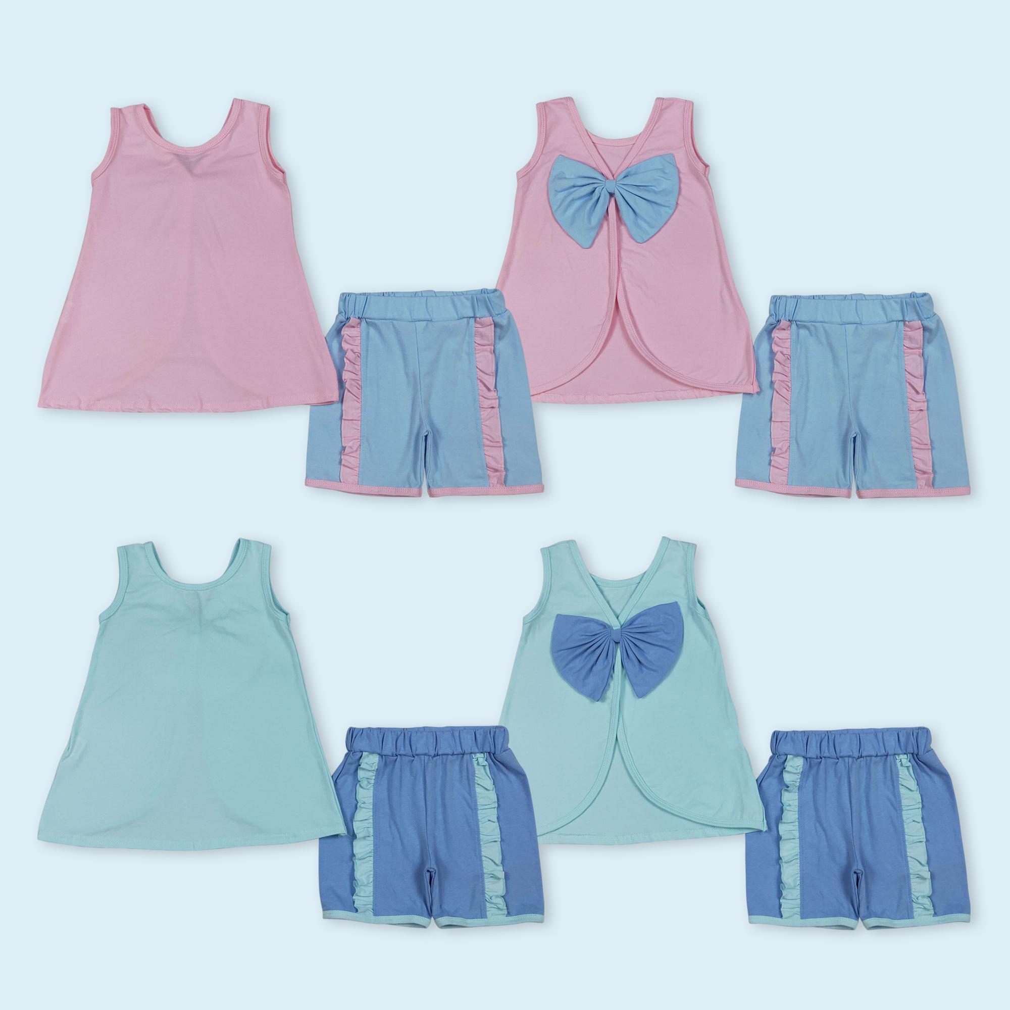 Sleeveless bow pink tunic light blue shorts girls summer outfits kids summer boutique clothes