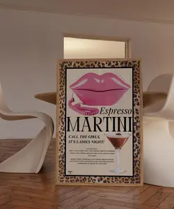 Vintage Bar Cart wall art, Leopard Art Cheetah Espresso Martini poster, Cocktail Pink Girly 70s Preppy Print, Home Office Bar Kitchen Decor