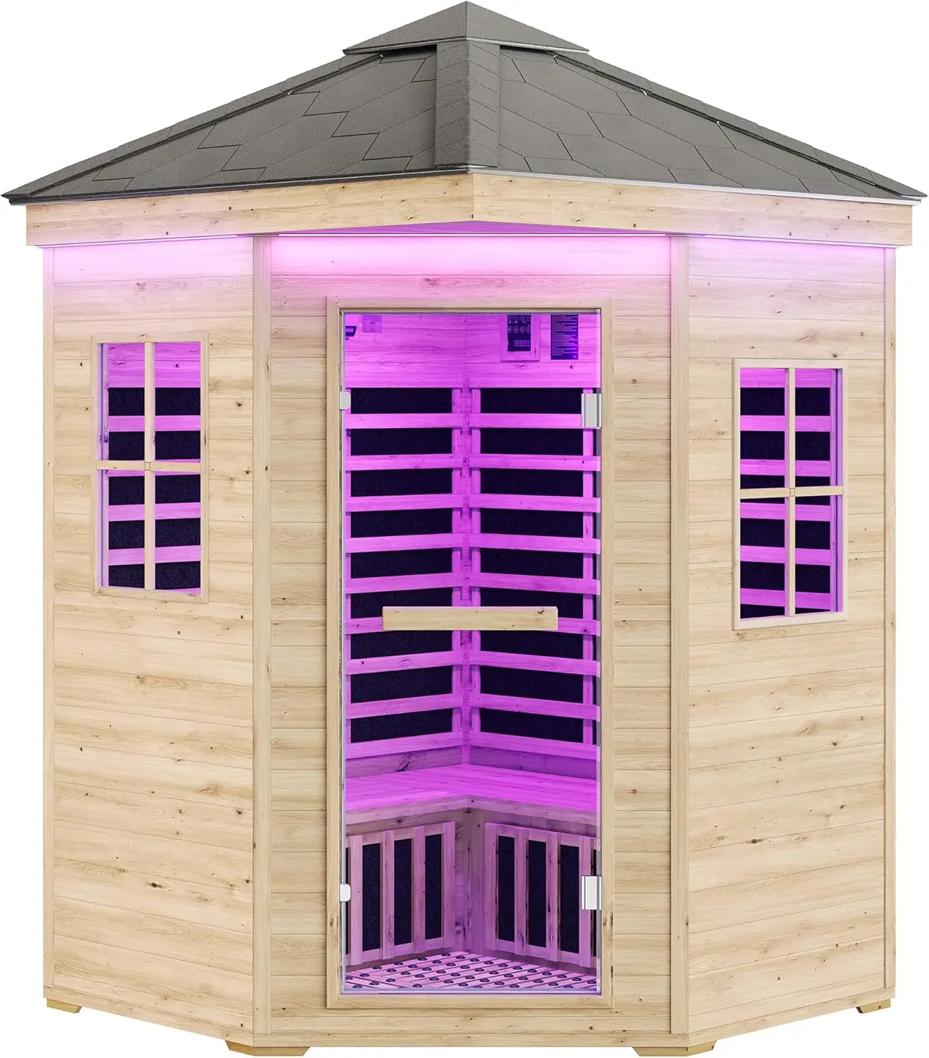 Albott 4 Person Outdoor Sauna, Asphalt Shingle Roof, Low EMF 2850W/240V/20A | Infrared Saunas for Home, Finnish Spruce Wood Dry Sauna with 12 Carbon Panels, 7-Color Light Therapy & 2 Bluetooth Speakers