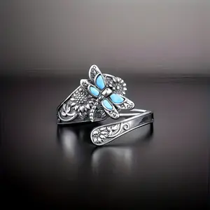 Silver Turquoise Abalone Dragonfly Spoon Ring - Vintage Bohemian Sunflower Thumb Wrap Ring Antiqued Floral Jewelry Gift for Women, Victorian Style Antique