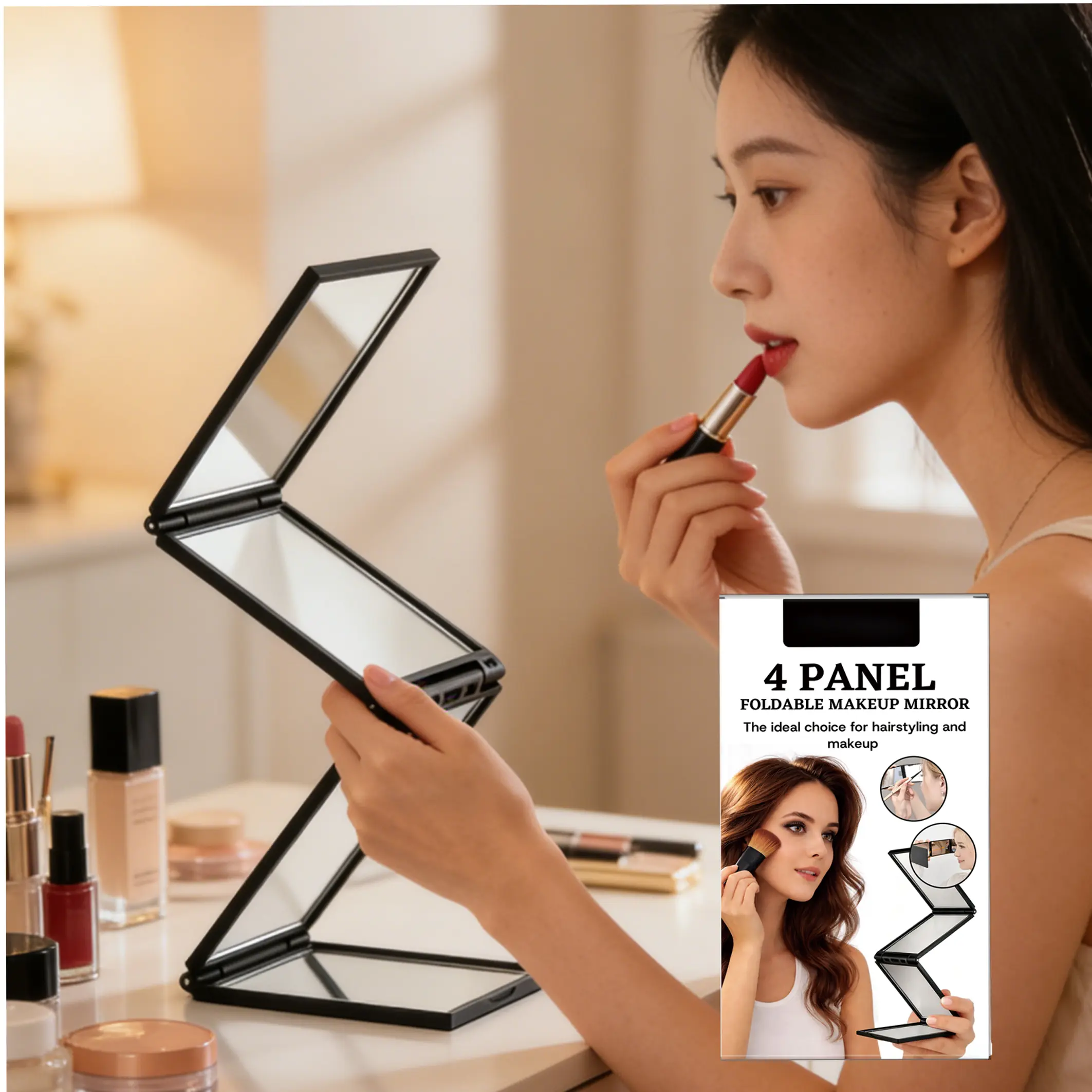 Foldable 4-Way Makeup Mirror Slim Portable Travel Vanity Mirror Multi Panel Adjustable Cosmetic Mirror for Daily Facial Makeup Application