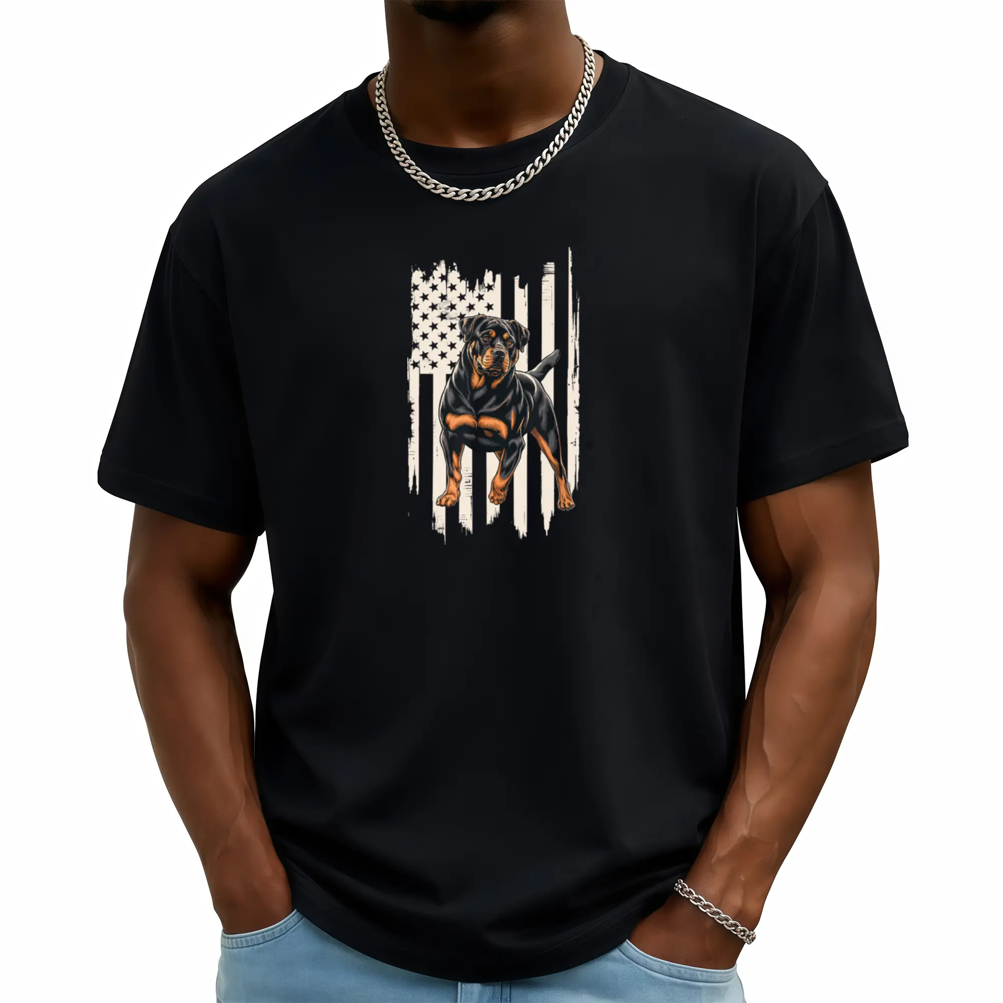 Men's Retro American Flag Rottweiler T-Shirt - Vintage Rottie Graphic Tee with Flag Design, Machine Washable Casual Round Neck Shirt Suitable for Dog Lovers & Patriotic Apparel, Gift for Rottweiler Owners
