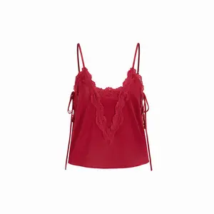 Cider Satin U-neckline Floral Lace Drawstring Cami Top
