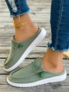 Spring and summer women's breathable canvas slippers, fashionable and casual low top slippers, flat bottomed toe half slippers, comfortable for home and outdoor use