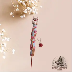 Polymer clay fox kitsune sakura crochet hook matching stitch marker / cherry blossom fox crochet hook knitting accessory