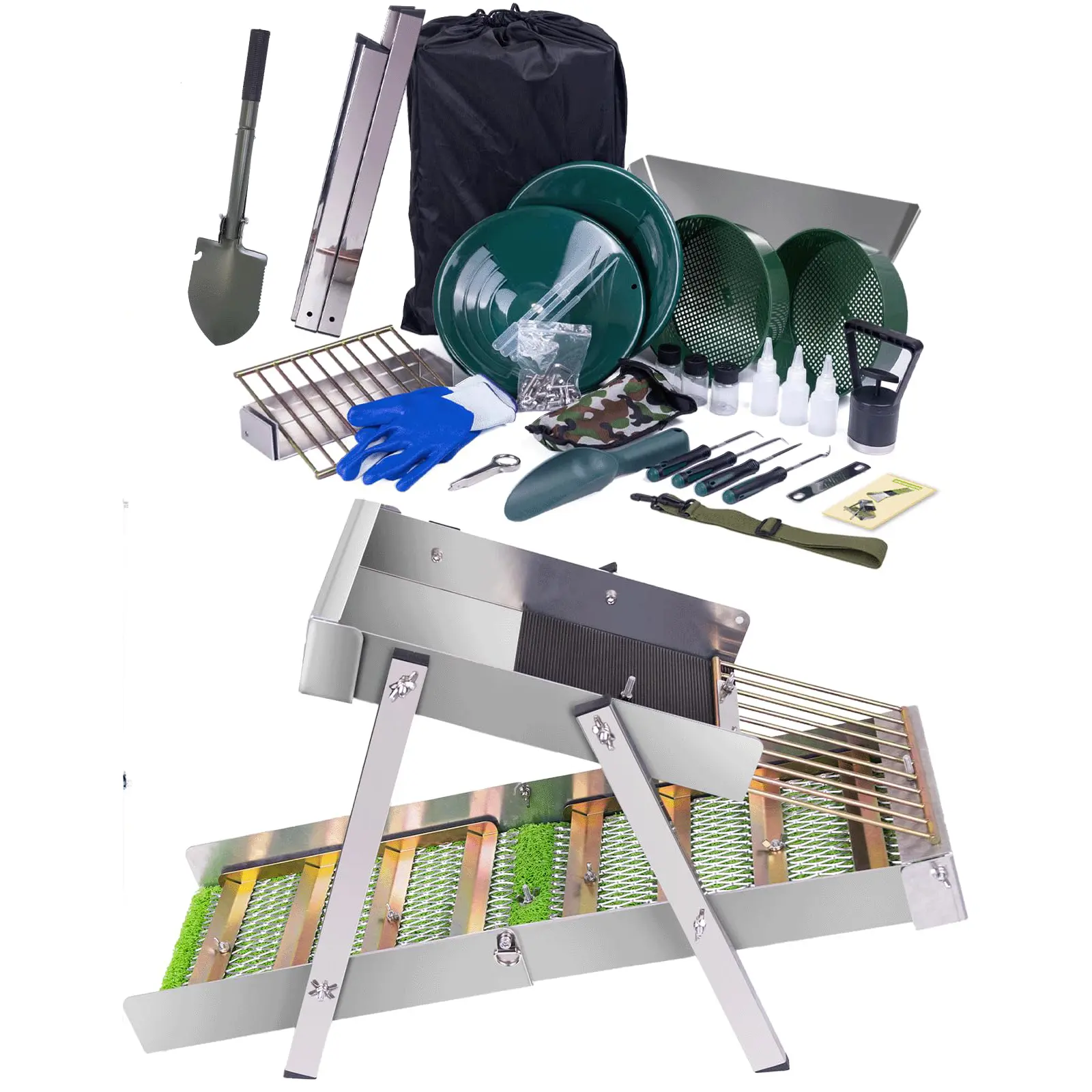 Highbanker Panning Kit - 50" Deformable Folding Sluice Box, Portable Adult Mining Hand Tool Kit with  26 Accessories: Pan, Classifier Screen, Magnet, Backpack