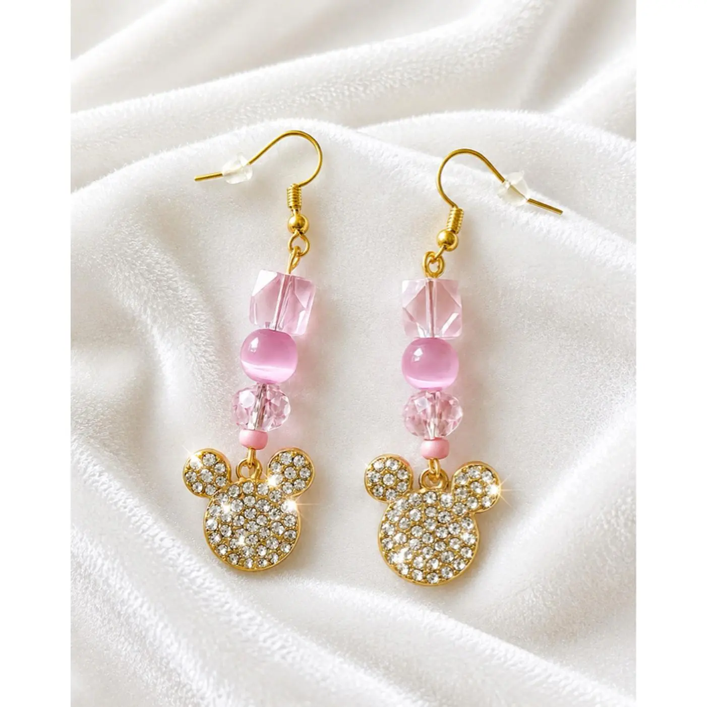 Mickey Minnie Mouse Pink Gold Dangle Earrings with Crystal Beads and Rhinestones for Women