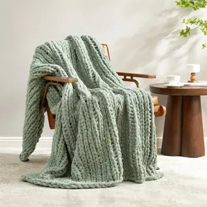 Chunky Knit Handmade Chenille Cable Knitted Crochet Throw Blanket, Sage Green-Amelie Home