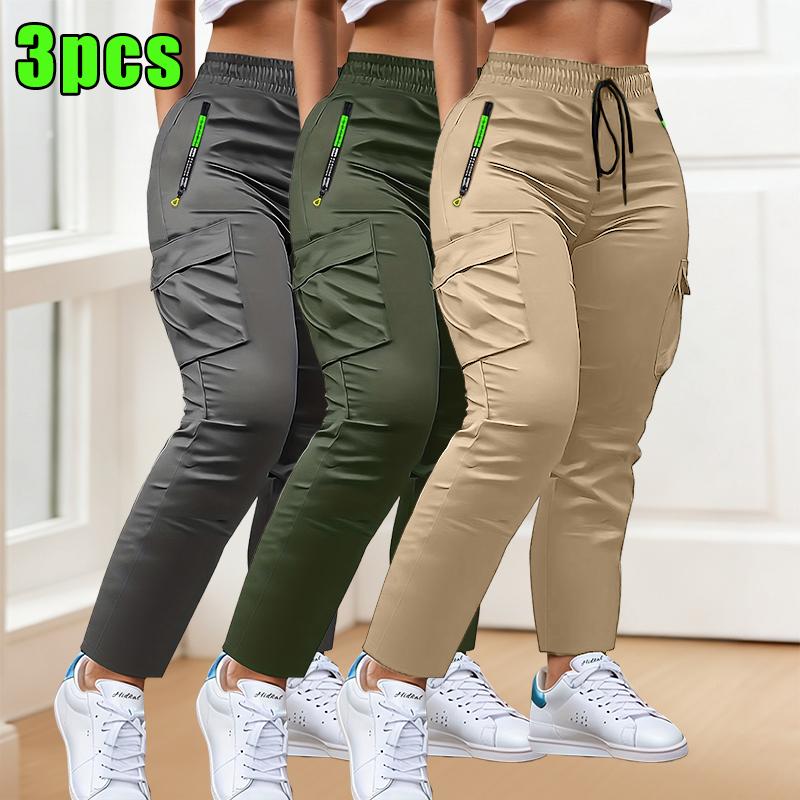 3-Pack women's multi-pocket thin overalls, four-season drawstring fashion pull-pocket design straight casual trousers, suitable for outdoor sports and daily appointments Summervibes