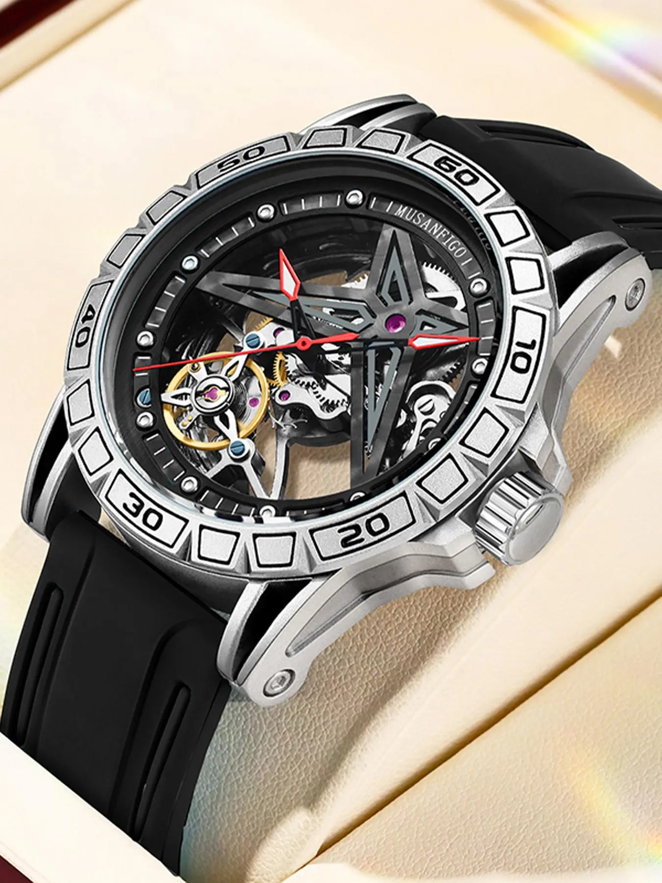 Men's Sporty Hollow Out Design Luminous Analog Mechanical Watch, Fashion Watch for Party, Daily Clothing Decor, Trendy All-match & Exquisite Watch for Birthday Gift with Box