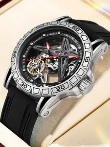 Men's Sporty Hollow Out Design Luminous Analog Mechanical Watch, Fashion Watch for Party, Daily Clothing Decor, Trendy All-match & Exquisite Watch for Birthday Gift with Box