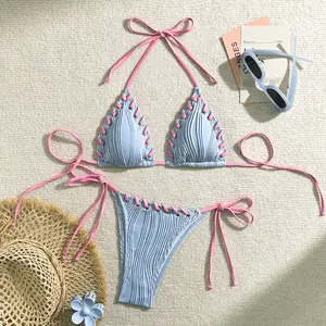 Women's two-piece bikini set, sexy tie-up bikini, solid color three-point swimsuit, textured embossed fabric, string eyelet decoration, halter neck triangle cup bikini, beach vacation swimsuit