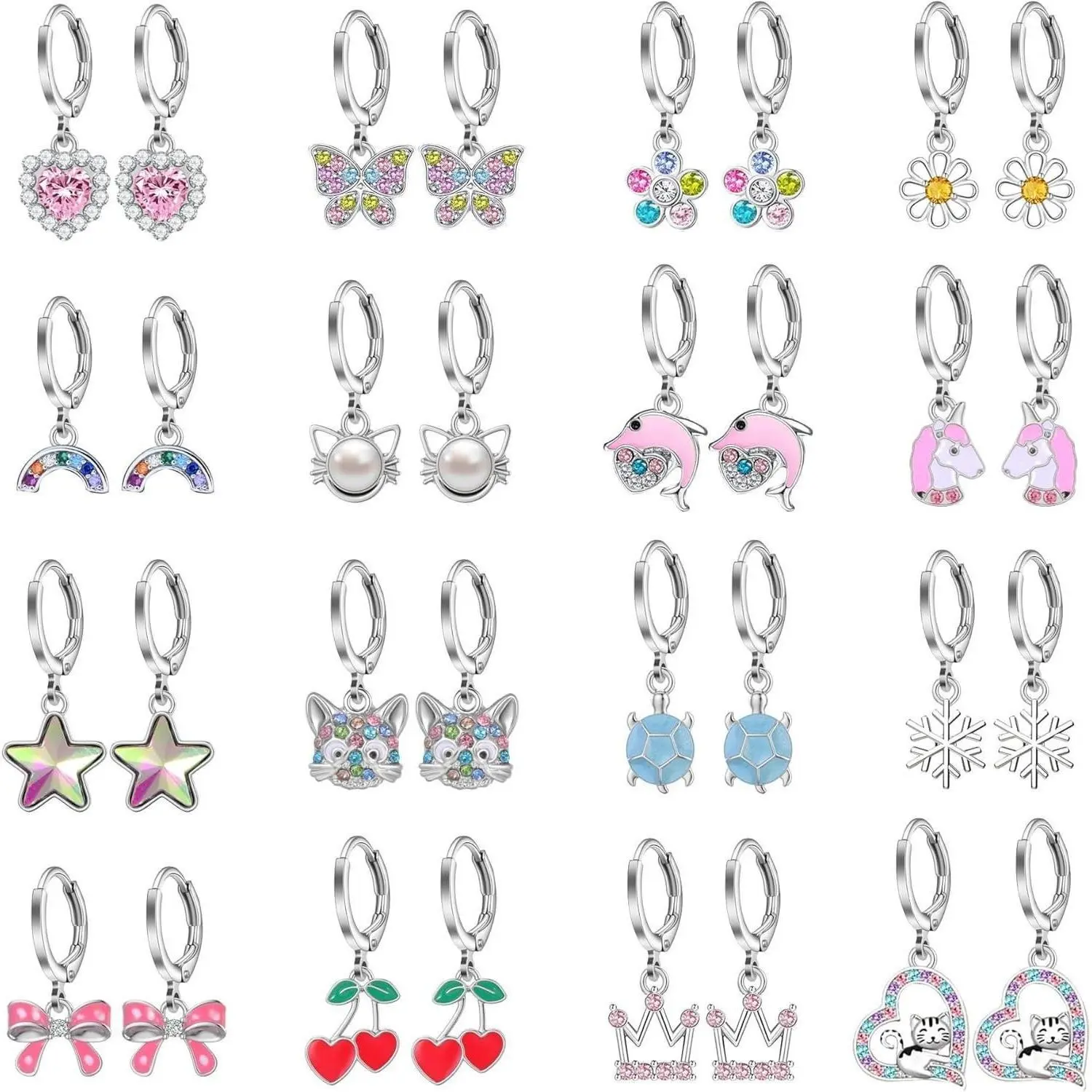 X-BY166 16 Pairs Hypoallergenic Earrings for Little Girls Teens Kids Silver Huggie Hoop Earrings with Charm CZ Flower Butterfly Animal Bow Cute Small Dangle Hoop Earrings Set for Sensitive Ears