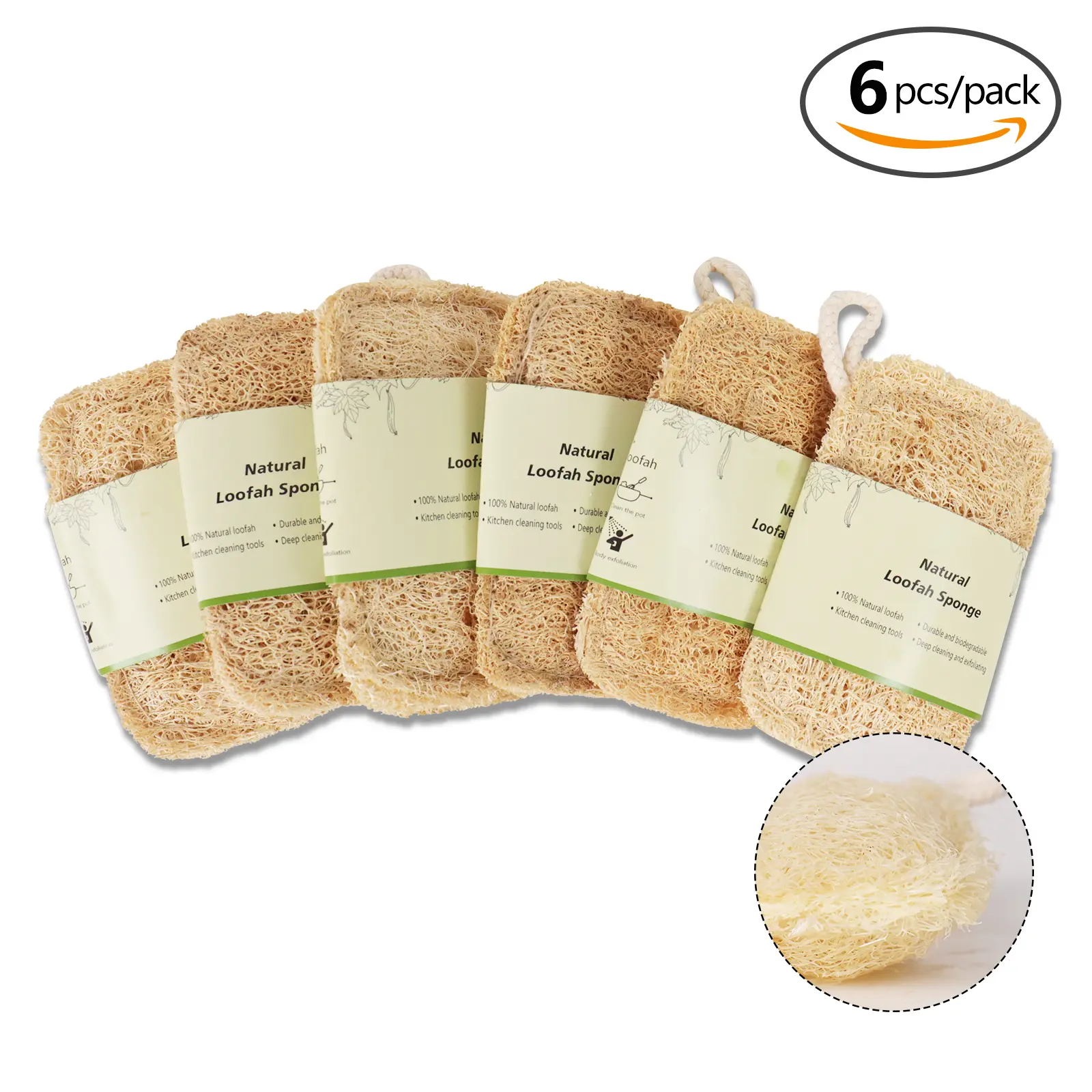 ASD 6pcs Natural Plant Loofah Exfoliating Sponge Set - Chemical-Free Bath & Household Scrubber, Gentle Personal Body Tool for Men (Shower, Kitchen Use)