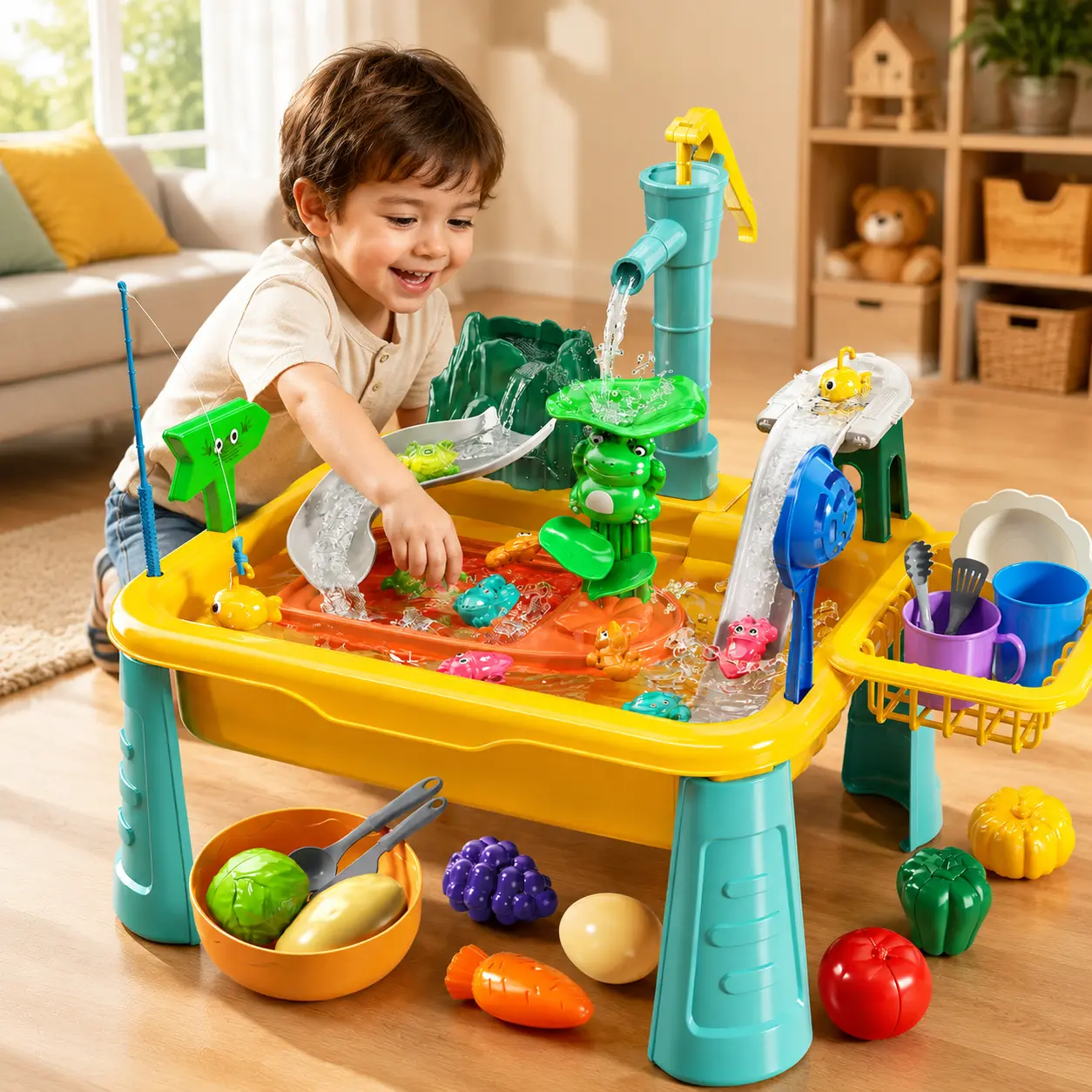 Kids Water Play Table with Pump, Sensory Water Toy, Flowing Water & Fishing Game Playset, Outdoor Summer Activity Toy for Backyard Beach Patio, Ideal Gift for Boys Girls Ages 3-8