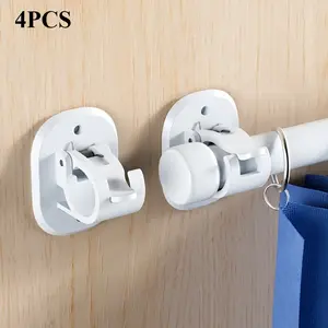 4pcs Punch Free Self Adhesive Curtain Rod Holder, transparent adjustable heavy duty curtain hook bracket, easy stick on installation no drilling needed, sturdy pole fixing clip for window door curtain home household use, 4 pieces pack