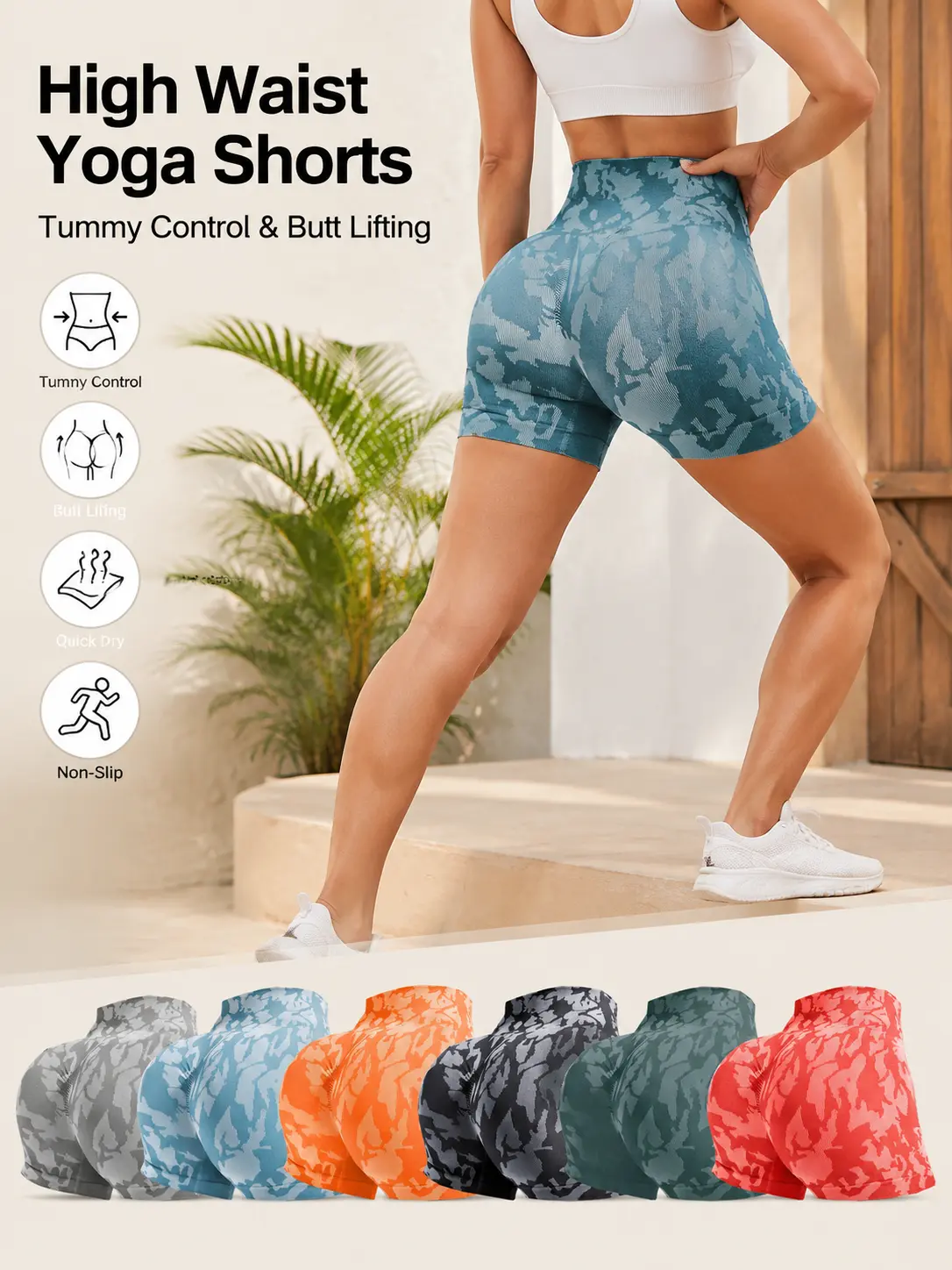 Women's High Rise Spandex Butt Lifting Yoga Shorts - Tummy Control Elastic Belt Female Sports Shorts, Non-Slip Quick Dry Compression Gym Wear for Womens Fitness