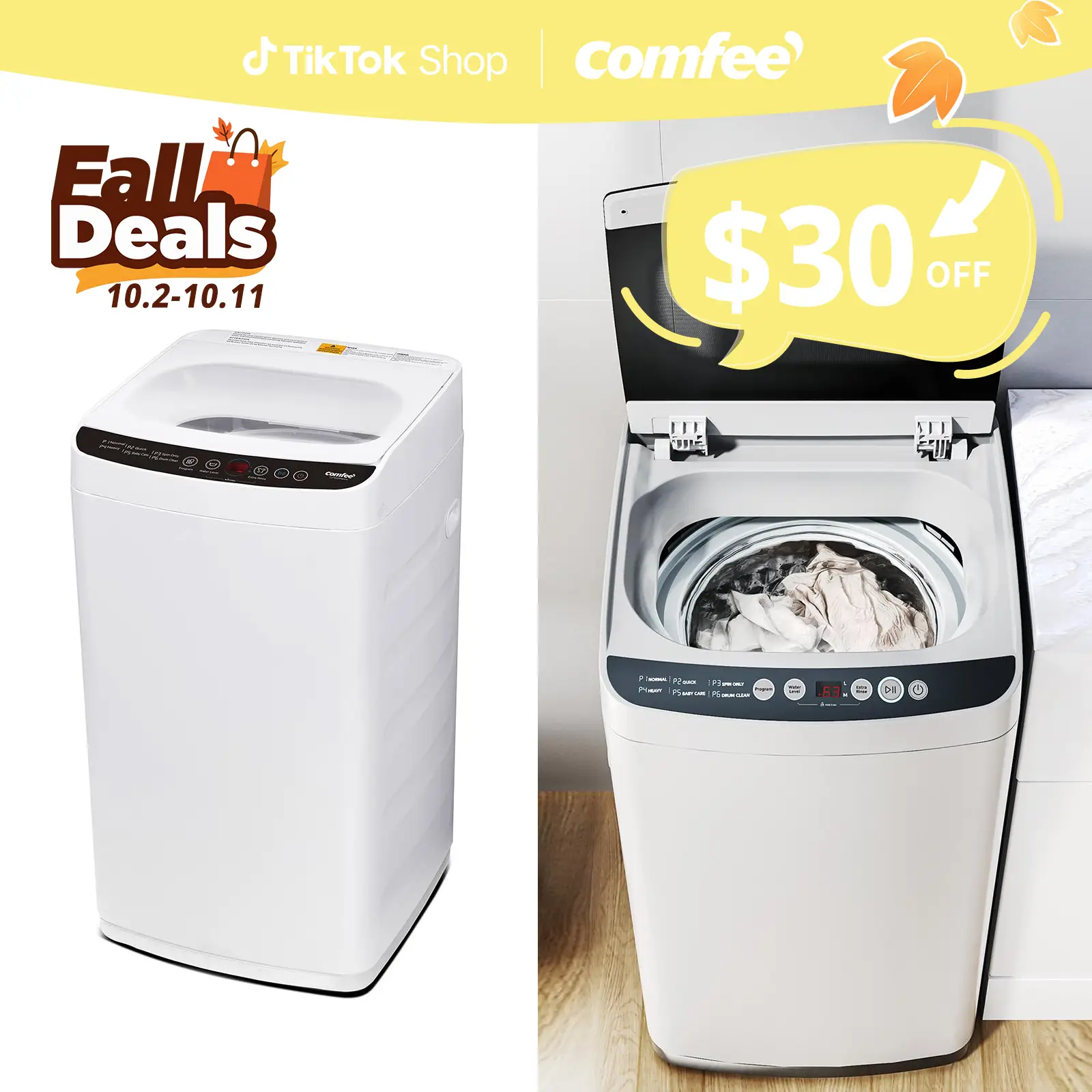 Comfee' Portable Washing Machine, gift, 0.9 cu.ft Compact Washer With LED Display, 5 Wash Cycles, 2 Built-in Rollers, Space Saving Full-Automatic Wash